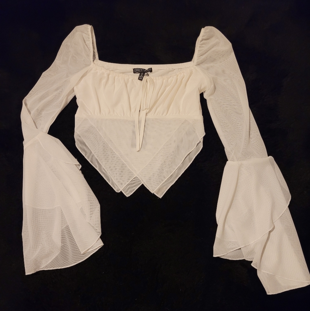 Current Mood White Mesh Flare Sleeve Top